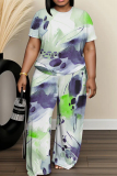 Blue Graphics Print Round Neck Short Sleeve T-shirt and Wide Leg Pants Two Pieces Trouser Sets