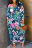 Green Floral Print V Neck Long Sleeve Pocket Casual Outing Straight Loose Plus Size Maxi Dress