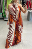 Multicolor Striped Print O Neck Sleeveless Lace Up Irregular Tops And Wide Leg Pants Vacation Casual Two Pieces Trouser Sets