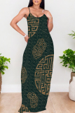Blue Geometric Print Sleeveless O Neck Casual Vacation Baggy Loose Sundress Maxi Slip Dresses