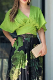 Green V Neck Short Sleeve Crop Tops and Floral Maxi Skirt Vacation Casual Two Pieces Dress Sets