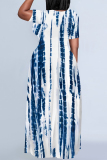 Black Stripe Print O Neck Short Sleeve Long Side Slit Loose Vacation Straight Casual Plus Size Maxi T-shirt Dresses
