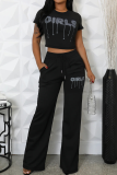 Black Letters Print O Neck Short Sleeve Crop Tops And Pocket Pants Sportwear Casual Two Pieces Jogger Sets