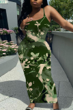 Dark Grey Graphics Print Backless Spaghetti Strap Bodycorn Vacation Bodycon Maxi Slip Dresses