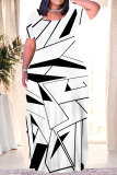 Black White Geometric Print O Neck Short Sleeve Pocket Loose Floor Length Casual Plus Size Maxi T-shirt Dresses