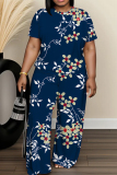 Purple Floral Print O Neck Short Sleeve T-shirt And Wide Leg Pants Vacation Casual Two Pieces Trouser Sets