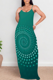 Blue Geometric Print Sleeveless O Neck Casual Vacation Baggy Loose Sundress Maxi Slip Dresses