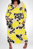 Yellow Floral Print V Neck Long Sleeve Pocket Casual Outing Straight Loose Plus Size Maxi Dress