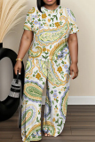 Blue Graphics Print Round Neck Short Sleeve T-shirt and Wide Leg Pants Two Pieces Trouser Sets