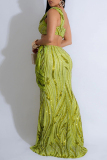 Green Backless Sleeveless One Shoulder Crop Tops And Maxi Skirt Formal Evening Party Prom Two Pieces Dress Sets