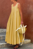 White O Neck Sleeveless Casual Vacation Pleated Maxi Tank Dresses