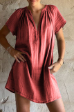 Rose Red V Neck Short Sleeve Ruched Casual Loose Vacation Cotton Mini Dress
