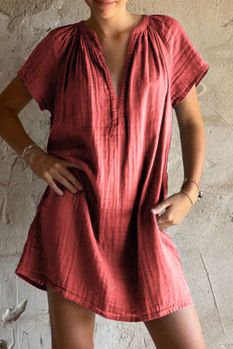 Rose Red V Neck Short Sleeve Ruched Casual Loose Vacation Cotton Mini Dress