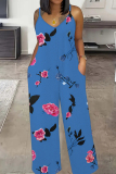 Black Print Sleeveless Backless Spaghetti Strap Casual Vacation Wide Leg Cami Jumpsuits
