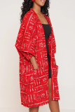 Red Graphics Print Cardigan Collar 3/4 Sleeve Pocket Vacation Casual Longline Cardigan Coats