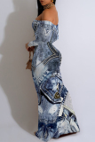 Blue Faux Denim Print Ruffle Sleeve Off Shoulder Flounce Loose Fit Casual Outing Plus Size Maxi Dress