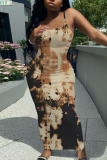 Dark Grey Graphics Print Backless Spaghetti Strap Bodycorn Vacation Bodycon Maxi Slip Dresses