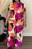 Grey Graphics Print O Neck Short Sleeve Oversize T-shirt And Wide Leg Pants Two Pieces Trouser Set