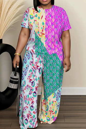 Multicolor Graphics Print Round Neck Short Sleeve T-shirt and Wide Leg Pants Two Pieces Trouser Sets