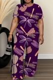 Green Graphics Print O Neck Short Sleeve T-shirt And Wide Leg Pants Vacation Casual Two Pieces Trouser Sets