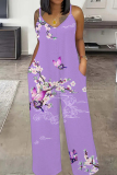 Black Print Sleeveless Backless Spaghetti Strap Casual Vacation Wide Leg Cami Jumpsuits