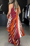 Multicolor Striped Print O Neck Sleeveless Lace Up Irregular Tops And Wide Leg Pants Vacation Casual Two Pieces Trouser Sets