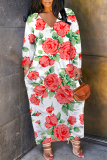 Green Floral Print V Neck Long Sleeve Pocket Casual Outing Straight Loose Plus Size Maxi Dress