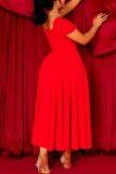 Red Pile Up Sleeves Square Neck Formal Evening Party Prom Wedding Plus Size Ruched Pleated Maxi Dresses