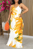 Orange Fruit Print Sleeveless O Neck Casual Vacation Baggy Loose Sundress Maxi Slip Dresses