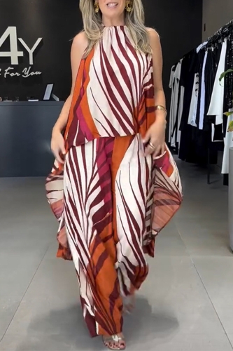 Multicolor Striped Print O Neck Sleeveless Lace Up Irregular Tops And Wide Leg Pants Vacation Casual Two Pieces Trouser Sets
