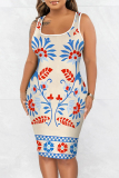 Khaki Graphics Print U Neck Sleeveless Casual Bodycon Midi Vest Dresses