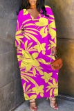 Yellow Floral Print V Neck Long Sleeve Pocket Casual Outing Straight Loose Plus Size Maxi Dress