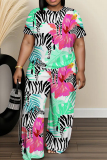 Green Floral Print O Neck Short Sleeve Oversize T-shirt And Wide Leg Pants Two Pieces Trouser Set