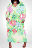 Yellow Floral Print V Neck Long Sleeve Pocket Casual Outing Straight Loose Plus Size Maxi Dress
