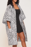 Red Graphics Print Cardigan Collar 3/4 Sleeve Pocket Vacation Casual Longline Cardigan Coats