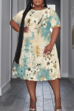 Apricot Floral Print O Neck Short Sleeve Ruffle Hem Casual Vacation Midi Dress