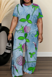 Green Graphics Print O Neck Short Sleeve T-shirt And Wide Leg Pants Vacation Casual Two Pieces Trouser Sets