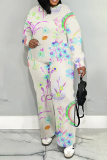 Purple Graphics Print O Neck Long Sleeve Sweatshirt And Pants Sportwear Casual Two Pieces Tracksuit Sweatpants Set