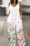 Black Print Sleeveless Backless Spaghetti Strap Casual Vacation Wide Leg Cami Jumpsuits