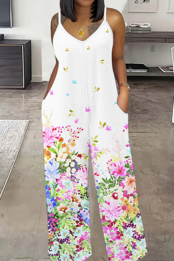 Black Print Sleeveless Backless Spaghetti Strap Casual Vacation Wide Leg Cami Jumpsuits