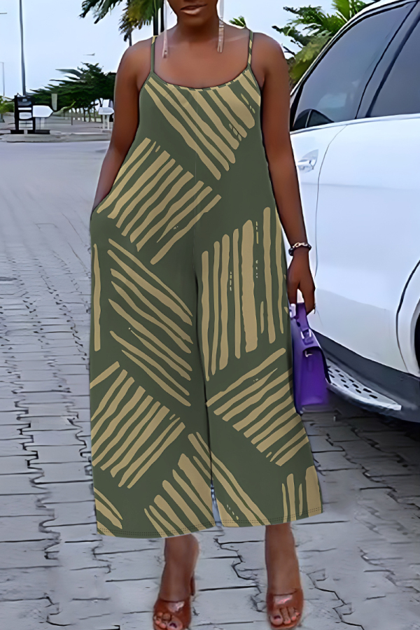 Army Green Graphics Print Backless Sleeveless Spaghetti Strap Casual Vacation Wide Leg Cami Jumpsuits