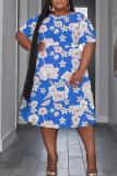 Apricot Floral Print O Neck Short Sleeve Ruffle Hem Casual Vacation Midi Dress