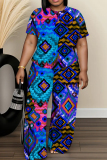 Green Graphics Print O Neck Short Sleeve T-shirt And Wide Leg Pants Vacation Casual Two Pieces Trouser Sets
