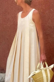 White O Neck Sleeveless Casual Vacation Pleated Maxi Tank Dresses