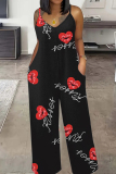 Black Print Sleeveless Backless Spaghetti Strap Casual Vacation Wide Leg Cami Jumpsuits