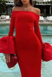 Red Off Shoulder Flare Sleeve Backless Formal Evening Party Prom Wedding Guest Bodycon Maxi Dresses
