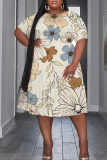 Apricot Floral Print O Neck Short Sleeve Ruffle Hem Casual Vacation Midi Dress