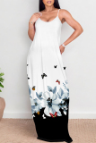 White Butterfly Floral Print Sleeveless O Neck Casual Vacation Baggy Loose Sundress Maxi Slip Dresses