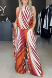 Multicolor Striped Print O Neck Sleeveless Lace Up Irregular Tops And Wide Leg Pants Vacation Casual Two Pieces Trouser Sets
