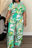 Blue Graphics Print Round Neck Short Sleeve T-shirt and Wide Leg Pants Two Pieces Trouser Sets